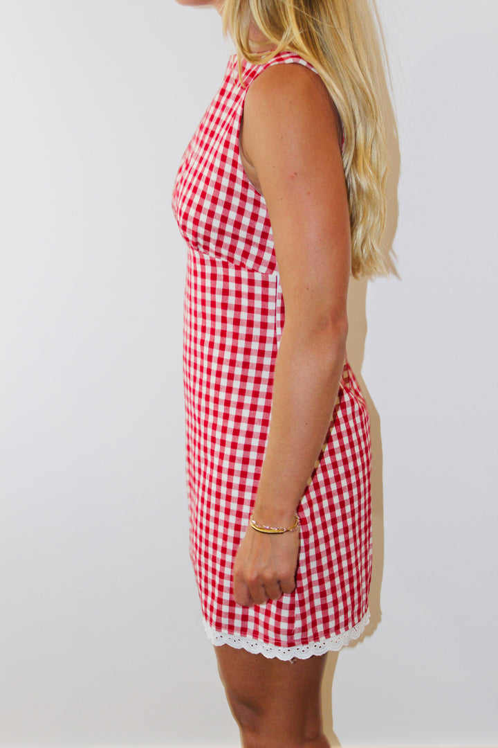 Here Comes The Sun | Gingham Lace Trim Dress, M