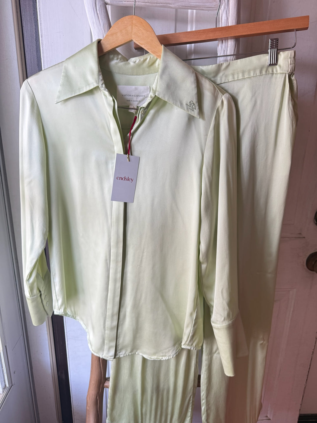 Victoria + Woods | 100% Silk Button Down + Pants Set, 0