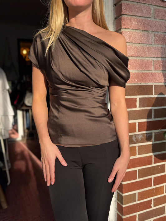 SIMKHAI | Brown Draped Satin Top, 0