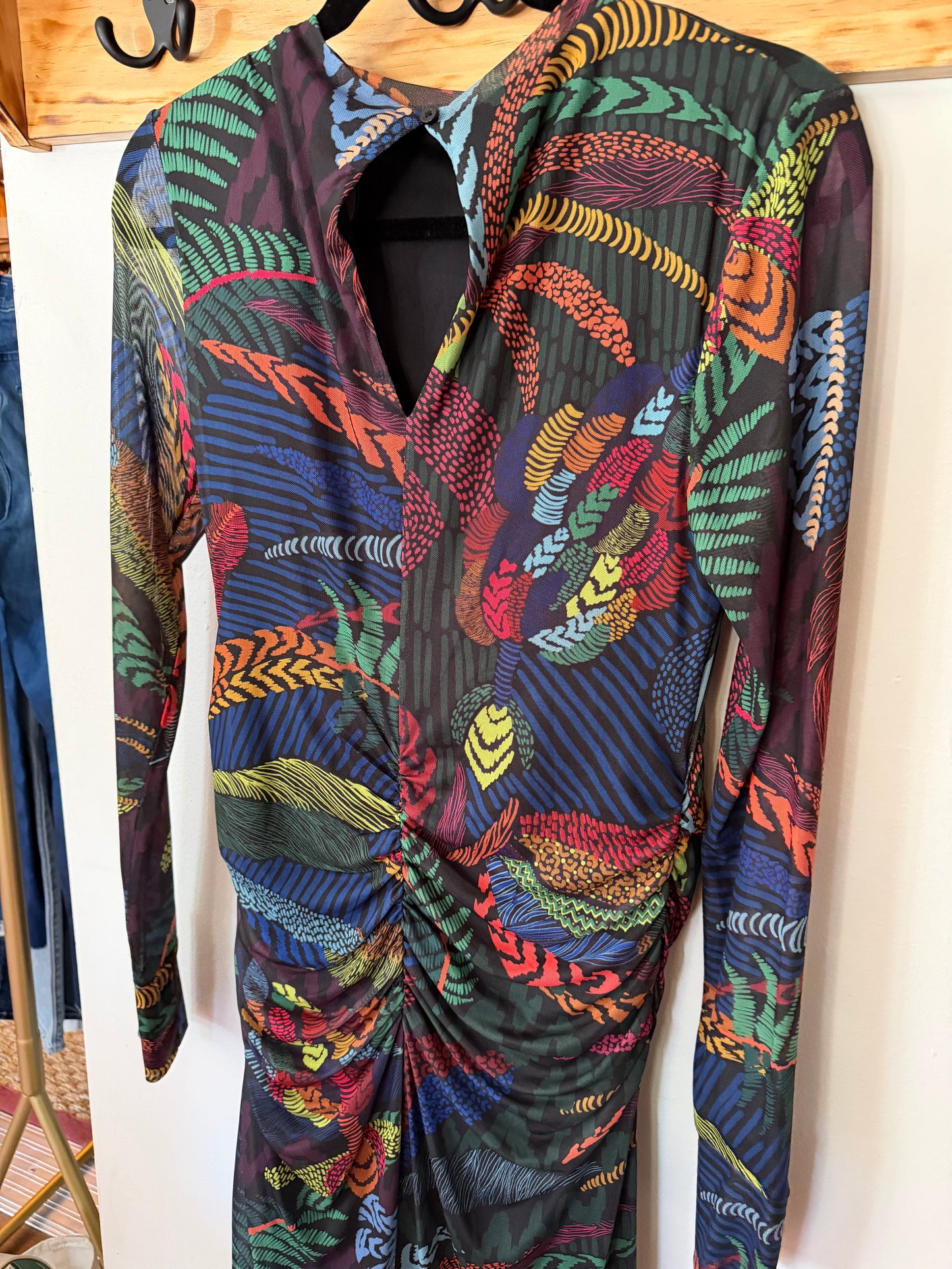 Farm Rio | Long-Sleeve Mock-Neck Mesh Slim Midi Dress