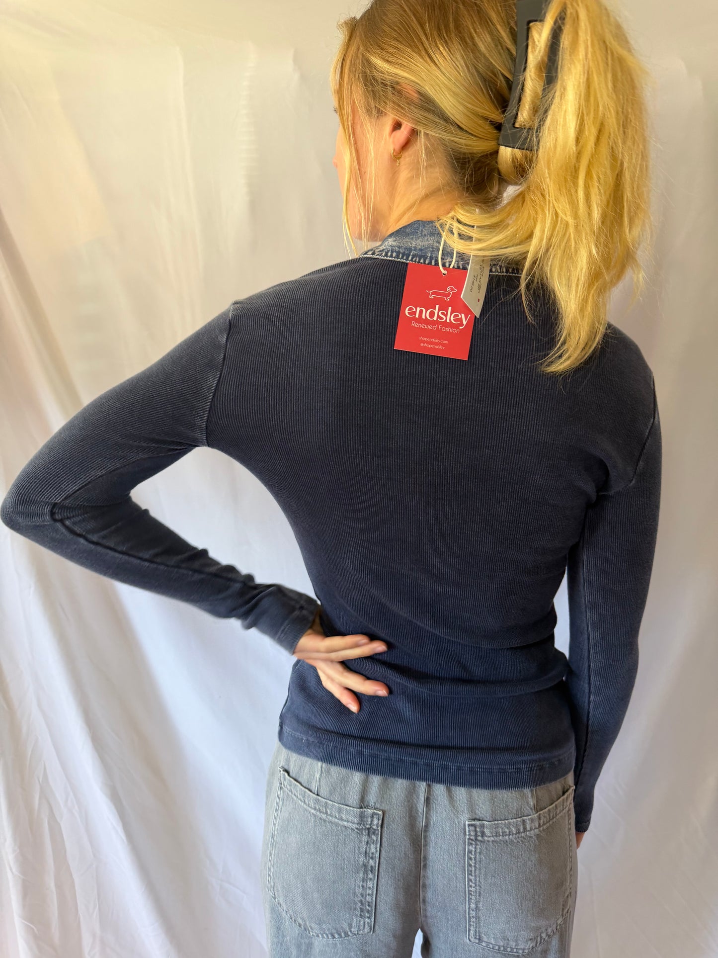 Red Haute | Rib Denim Collar Top, XS