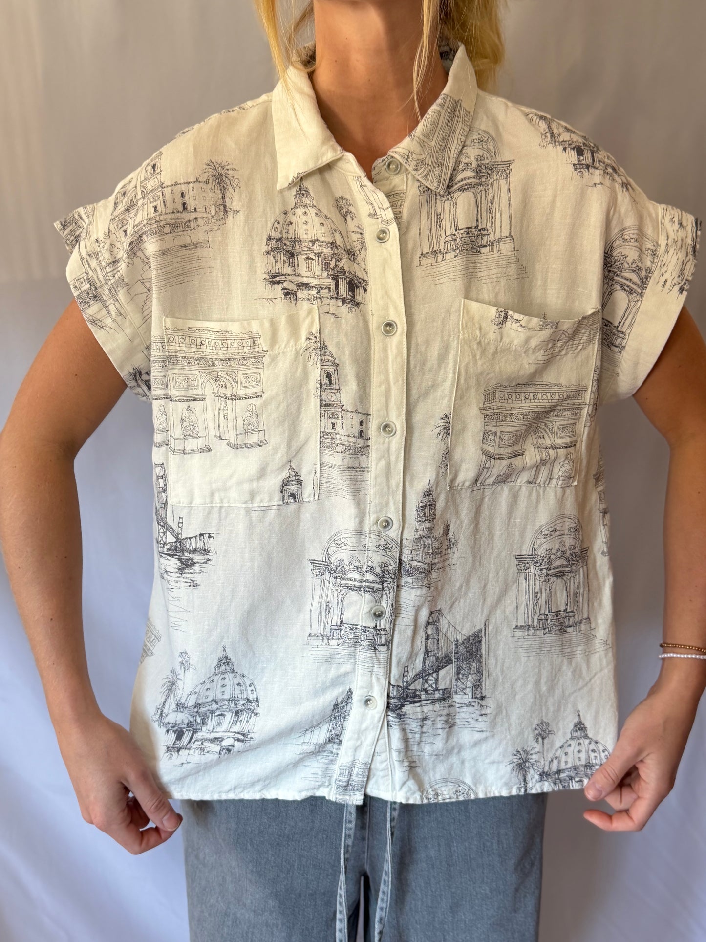 Fate | Linen Euro Print Button Up, M