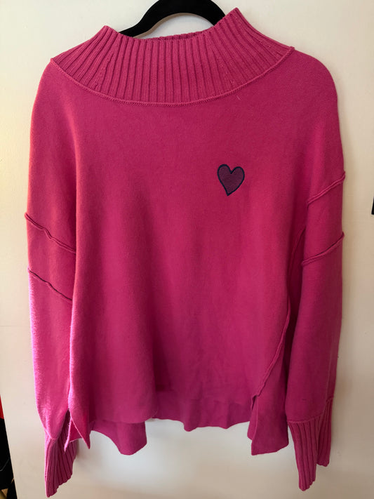 Maeve | Pink High Neck Sweater with Embroidered Heart, M
