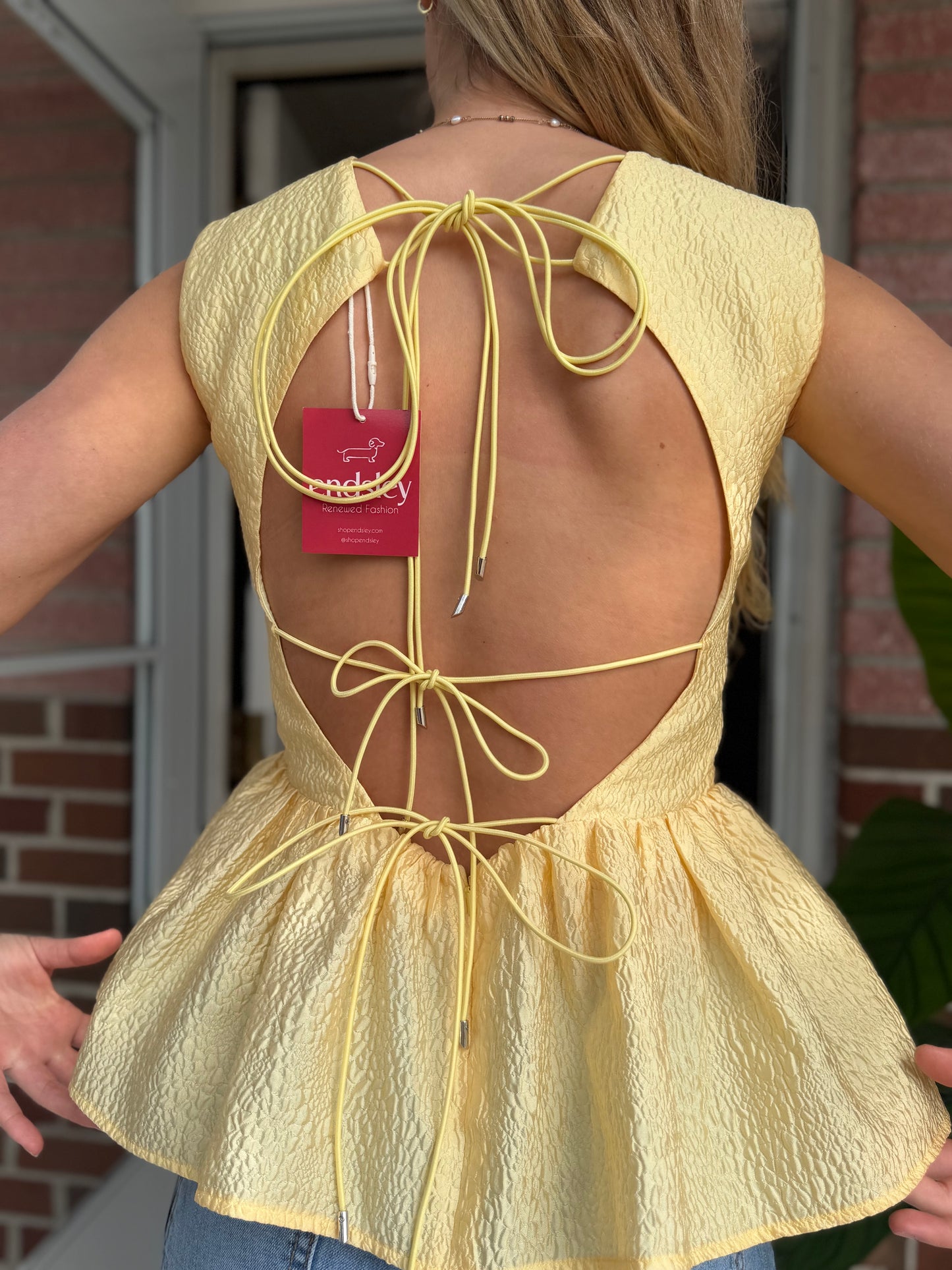 Rachel Gilbert | Yellow Open Back Peplum Top, S