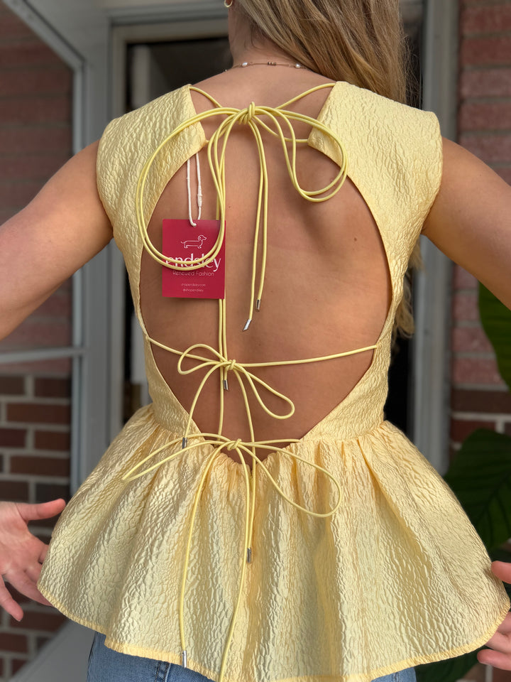 Rachel Gilbert | Yellow Open Back Peplum Top, S