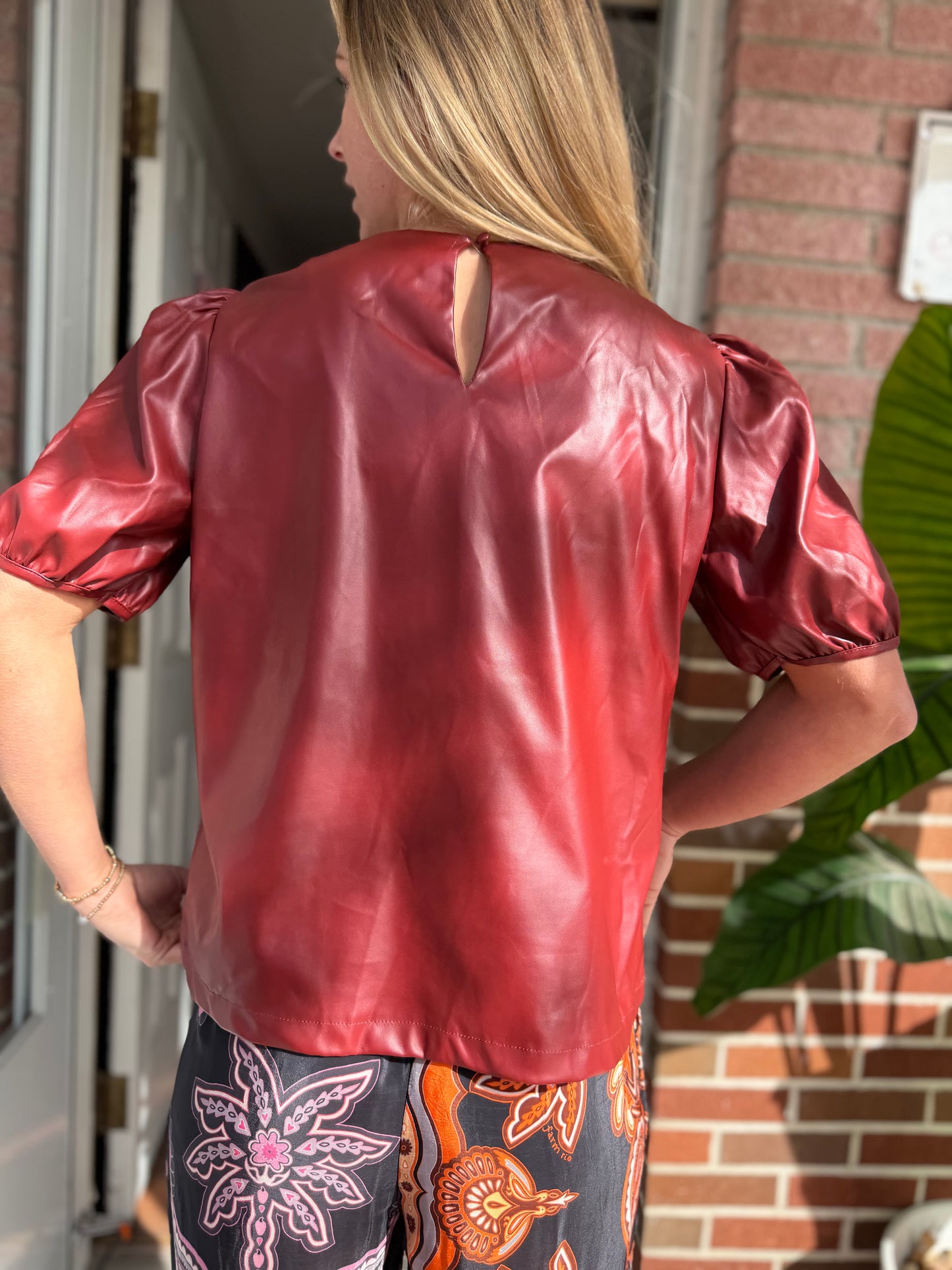 Ultra Pink | Leather Puff Sleeve Top, M