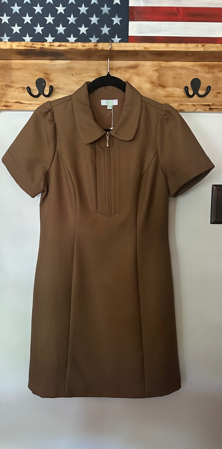 Jade | Textured Brown Collared Short Sleeve Dress