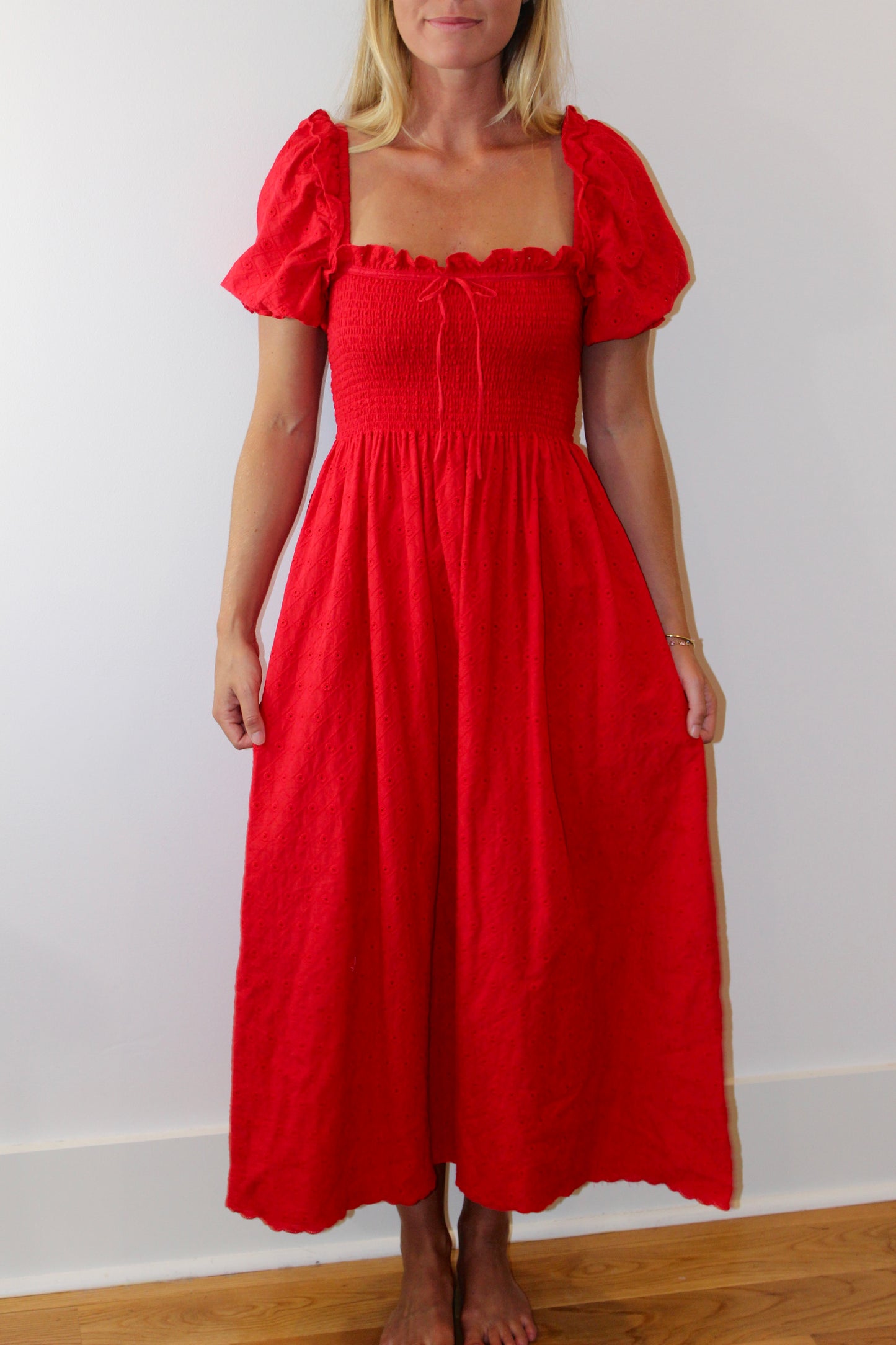 Hill House |  Eyelet Midi Baby Doll Dress, L