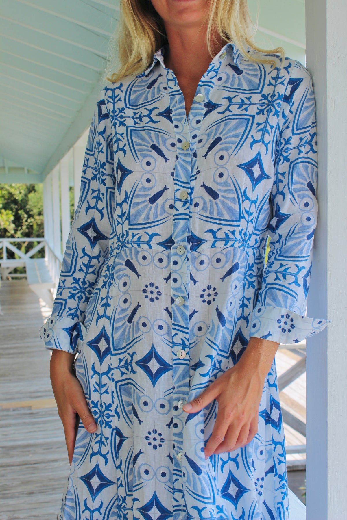 Mario Romano | 100% Linen Printed Maxi Button Down Dress, XS