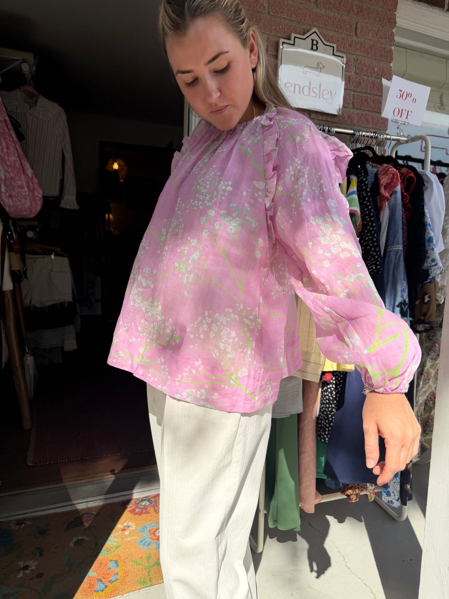 Cynthia Rowley | 100% Ramie Floral Long Sleeve Blouse, L