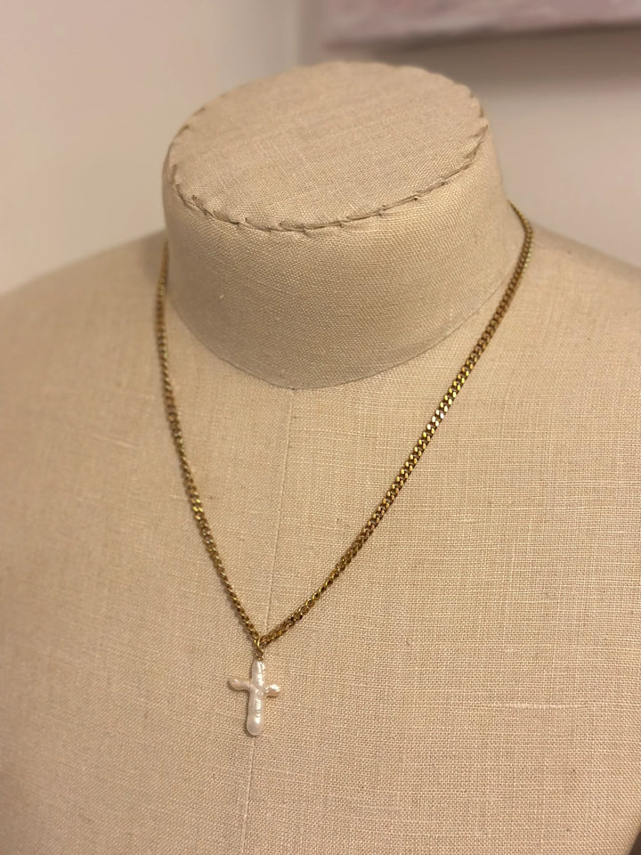 Gold Pearl Cross Necklace