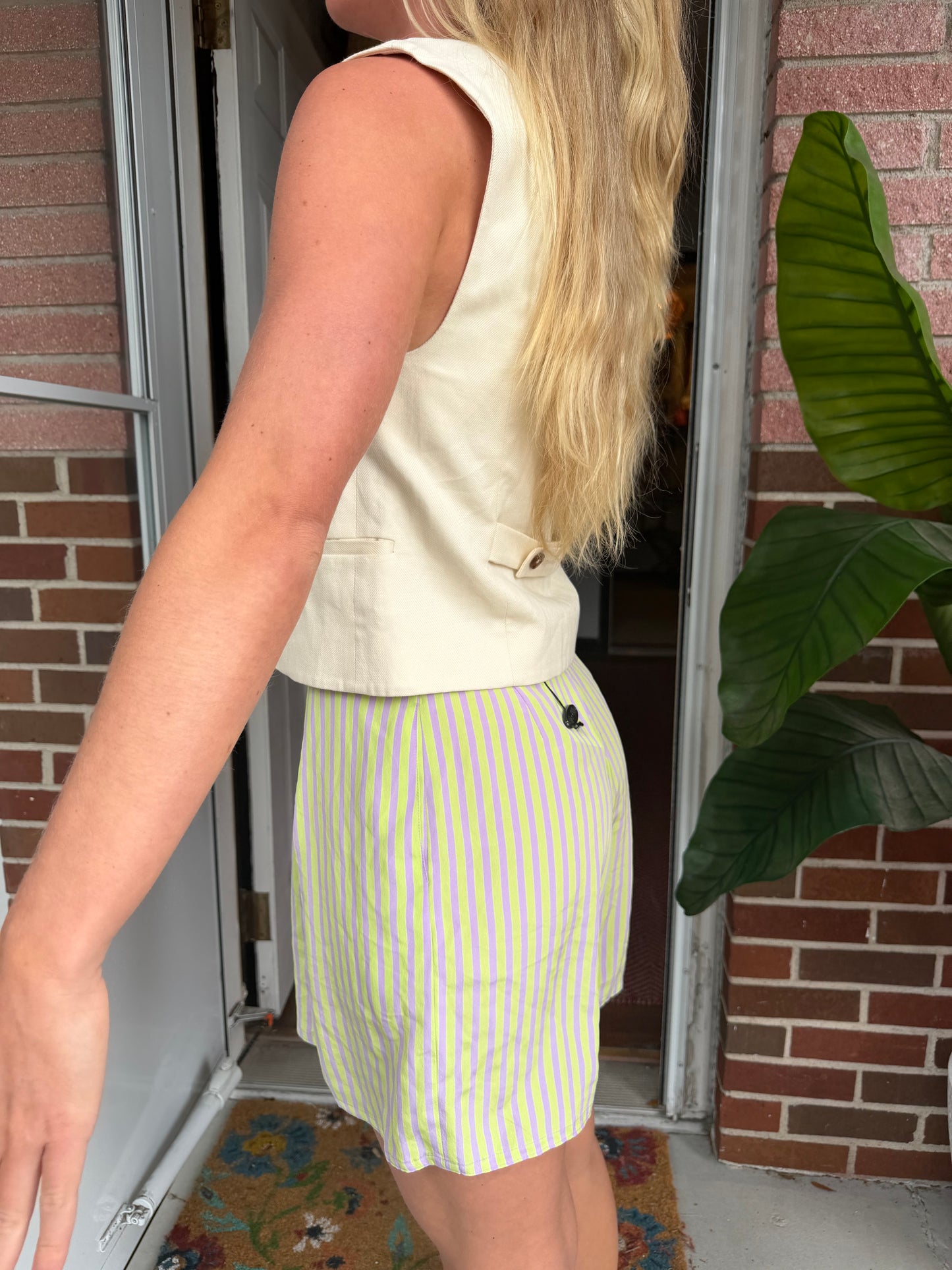 Jac Dale | High Rise Striped Flowy Trouser Shorts, Green/Purple