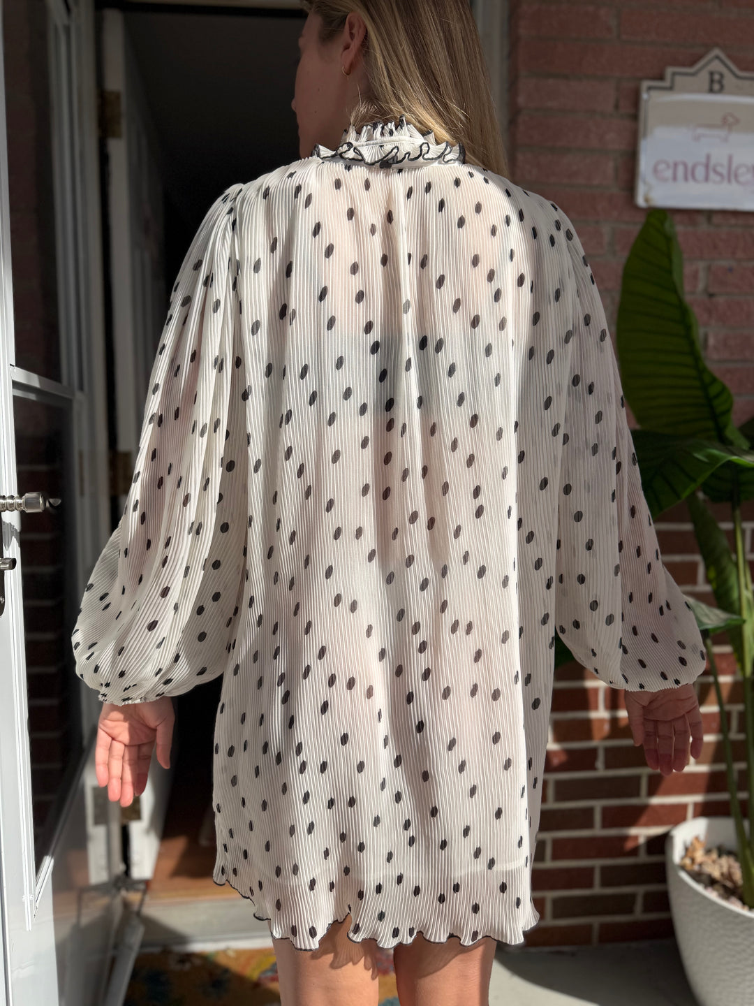 Ganni | White Chiffon Pleated Polka Dot White Dress - Ruffle Neck Detail, M