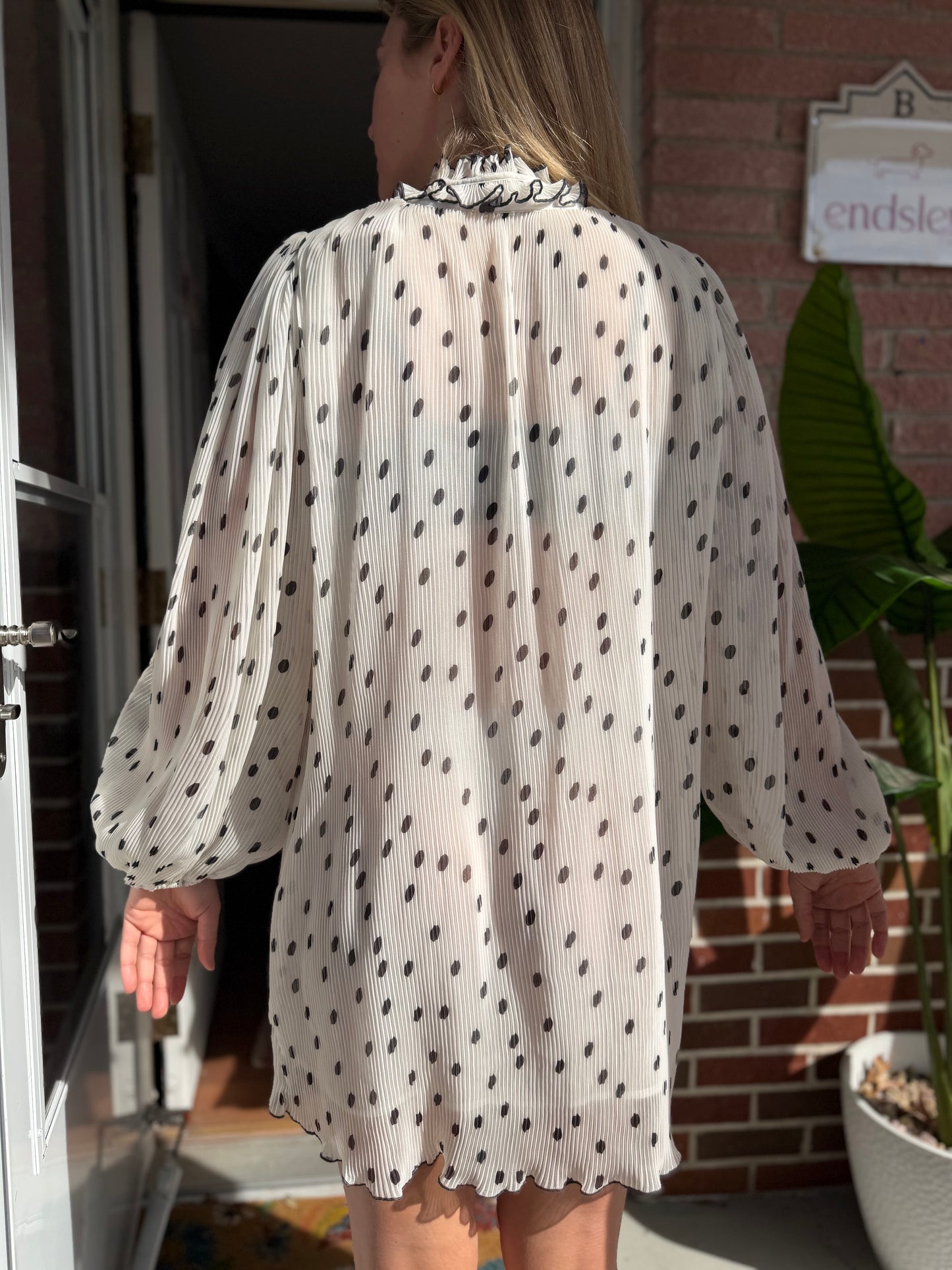 Ganni | White Chiffon Pleated Polka Dot White Dress - Ruffle Neck Detail, M