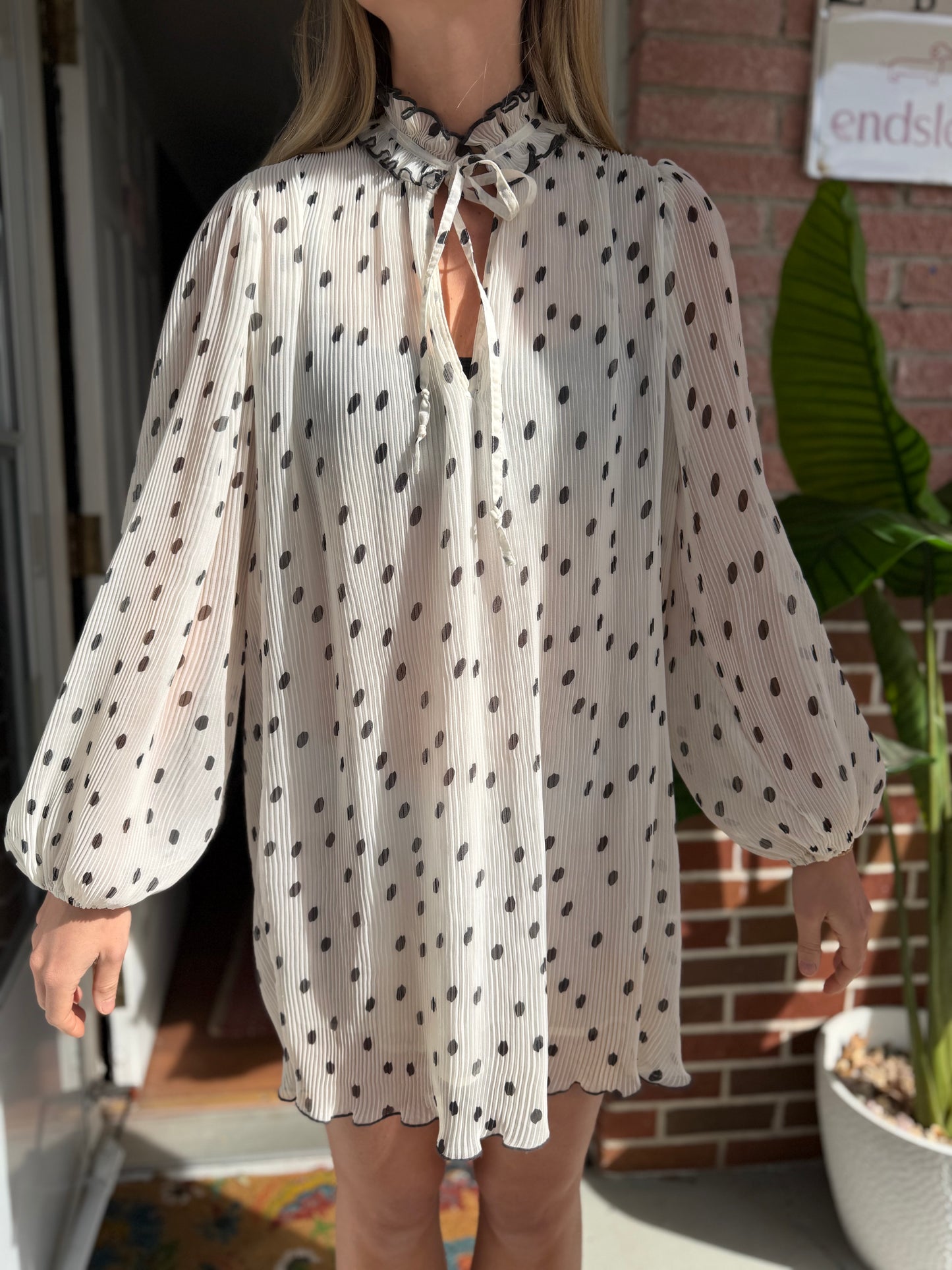 Ganni | White Chiffon Pleated Polka Dot White Dress - Ruffle Neck Detail, M