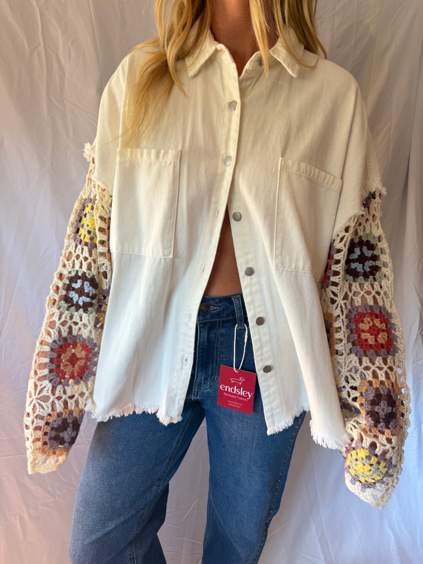 POL | Crochet Sleeve Button Up Jacket, M