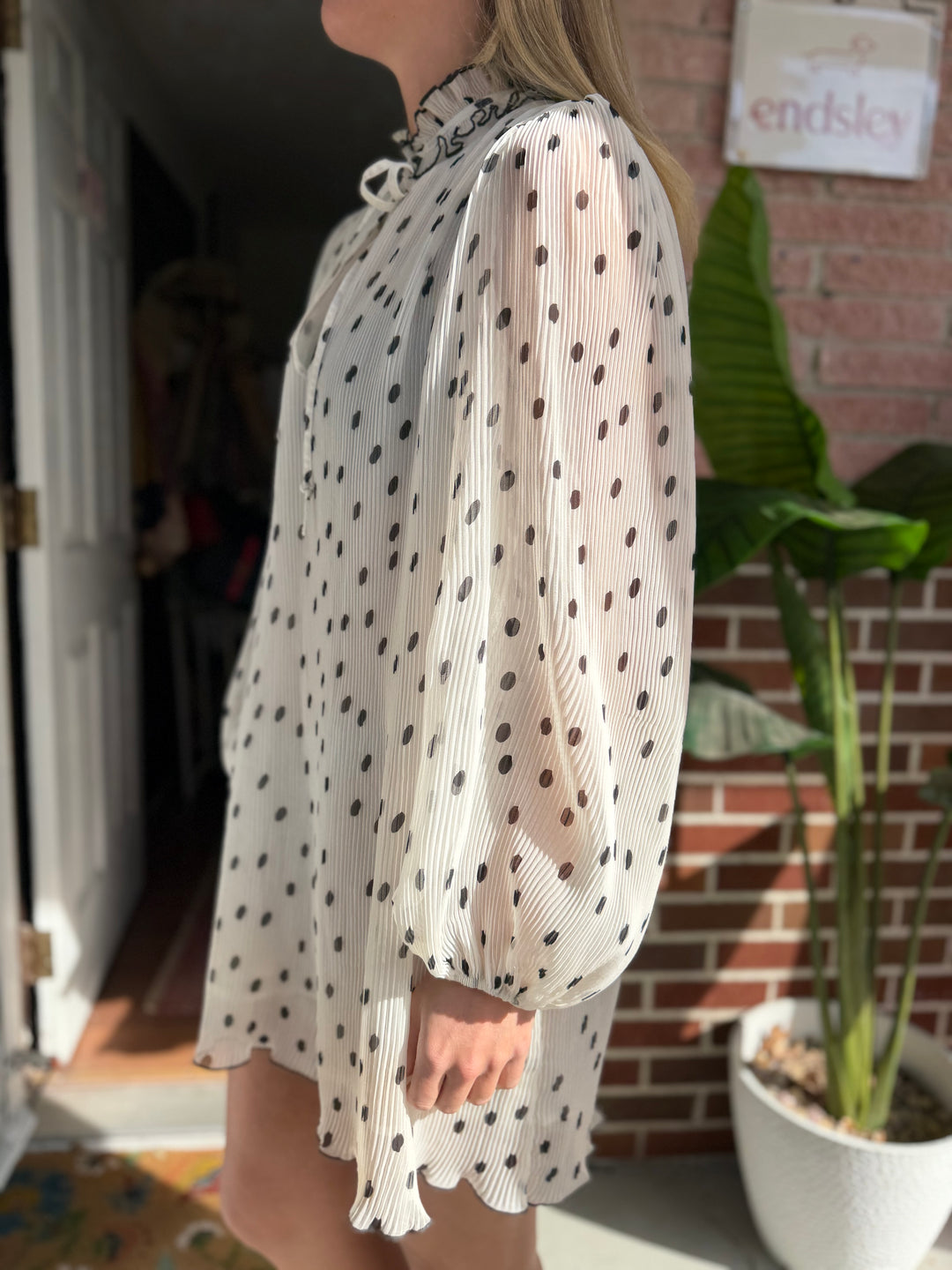 Ganni | White Chiffon Pleated Polka Dot White Dress - Ruffle Neck Detail, M
