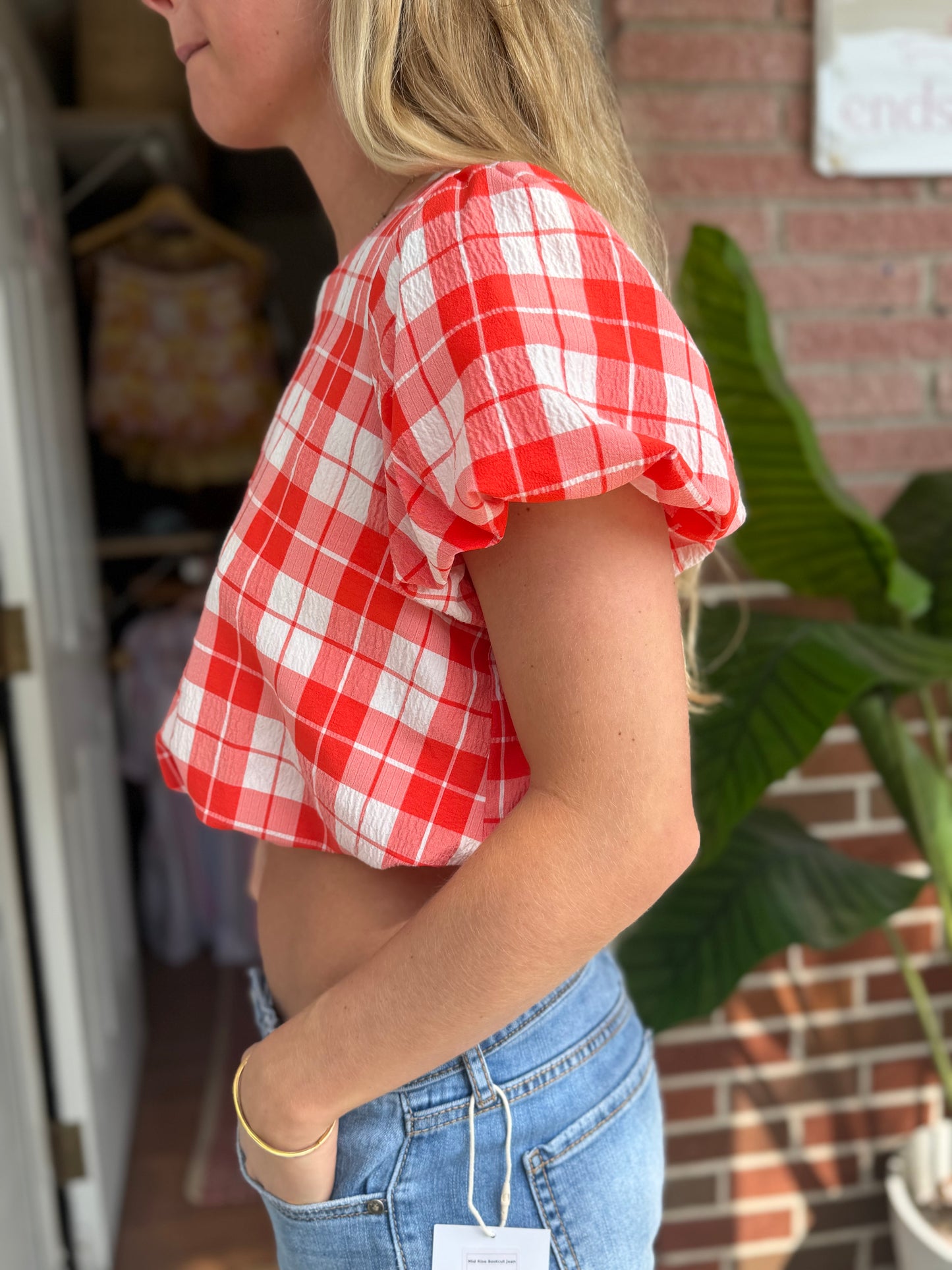 Showmeyourmumu | Puffed Shoulder Plaid Top, S