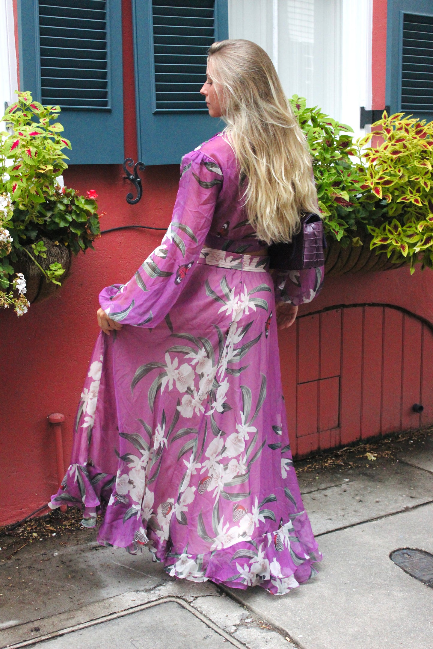 PATBO / Leva Bonaparte | Sheer Butterfly Print Tie Front Blouse + Maxi Skirt, M