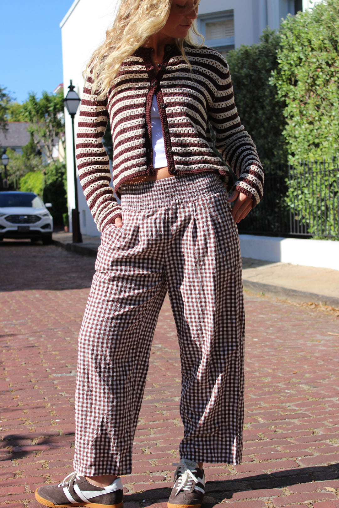 Gingham Smocked Pants, M