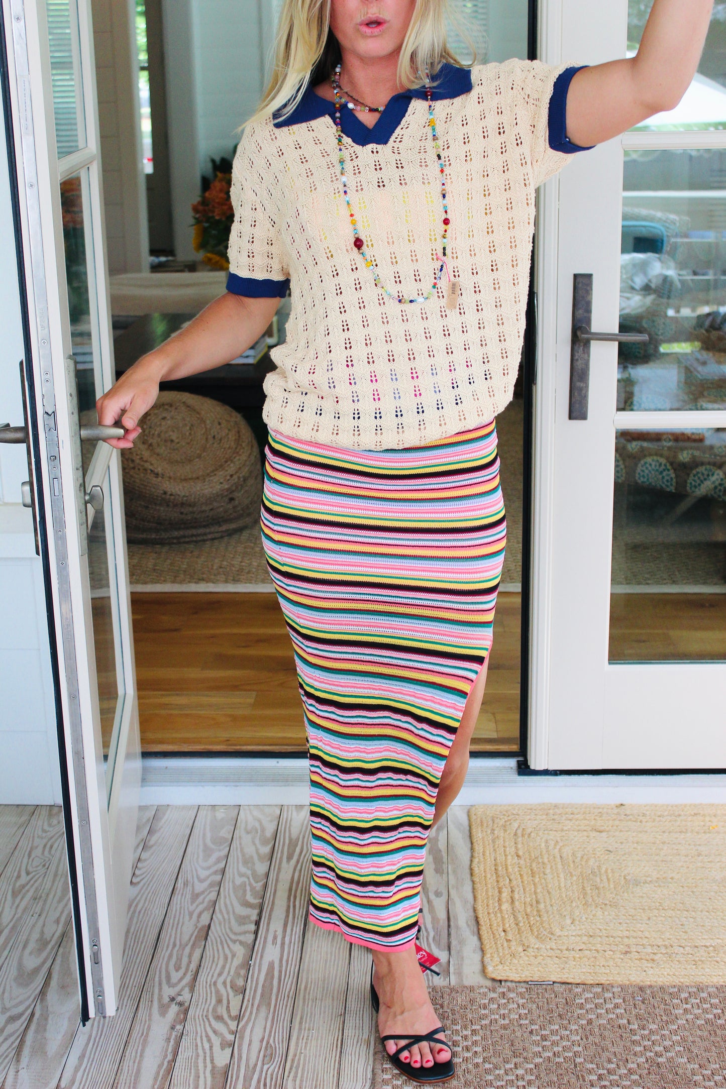 Which We Want  | Striped Crochet Side Slit Skirt, S