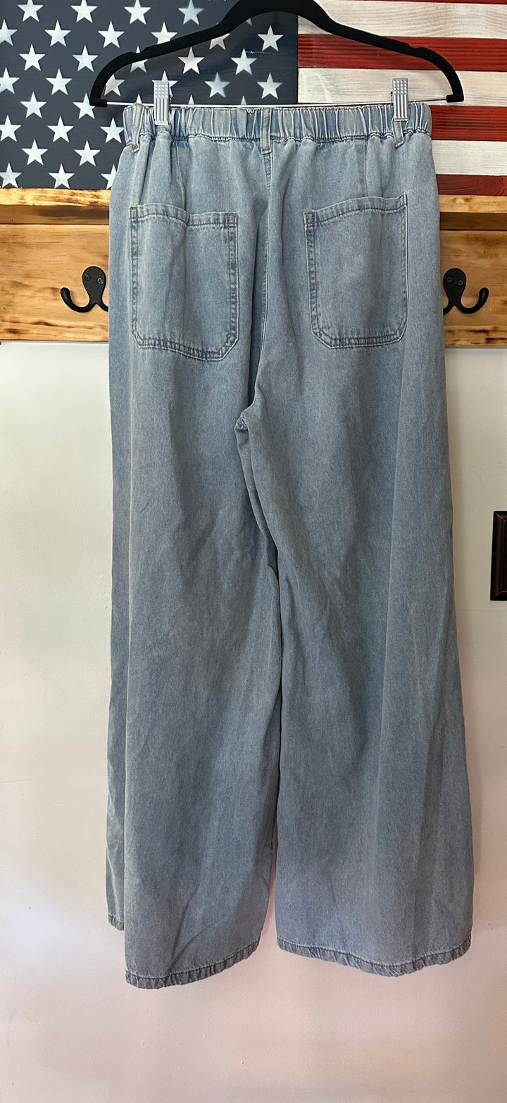 Cider | Leslie Denim High Waist Solid Tie Front Wide Leg Trousers, S