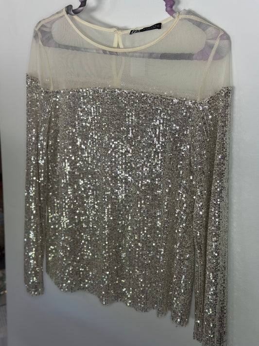 ZARA | Long Sleeve Sequin & Mesh Top