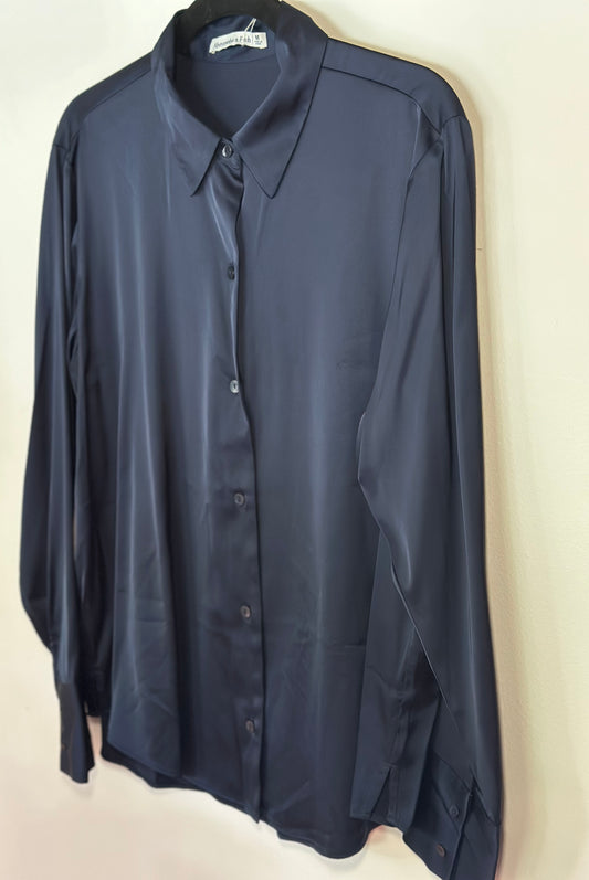 Abercrombie & Fitch | Navy Long-Sleeve Satin Button-Up Shirt