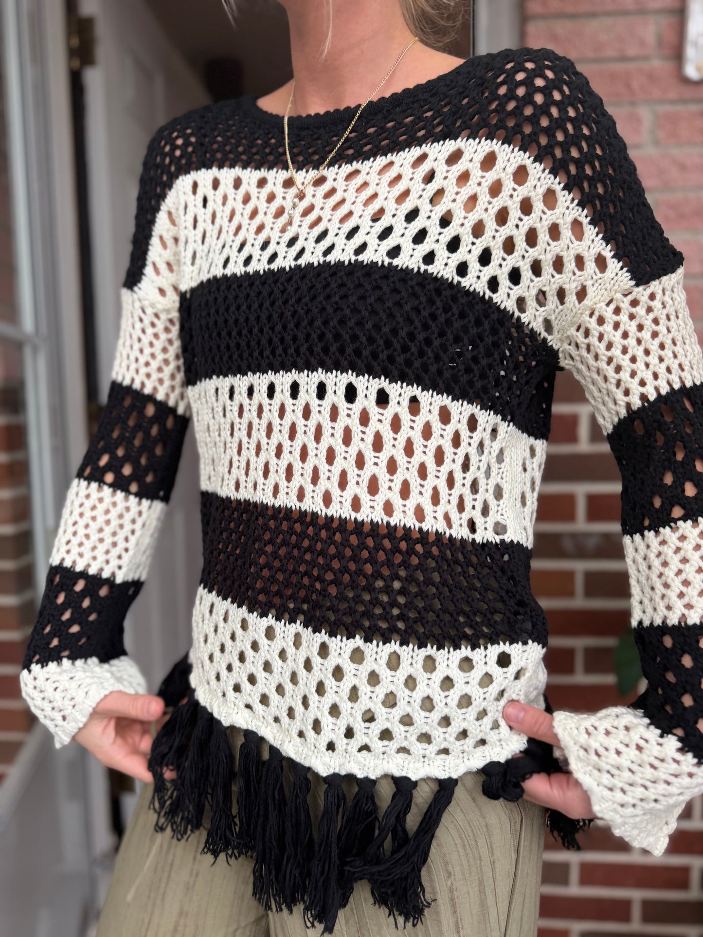 Free as a Bird | Knitted Tassle Crochet Sweater, M