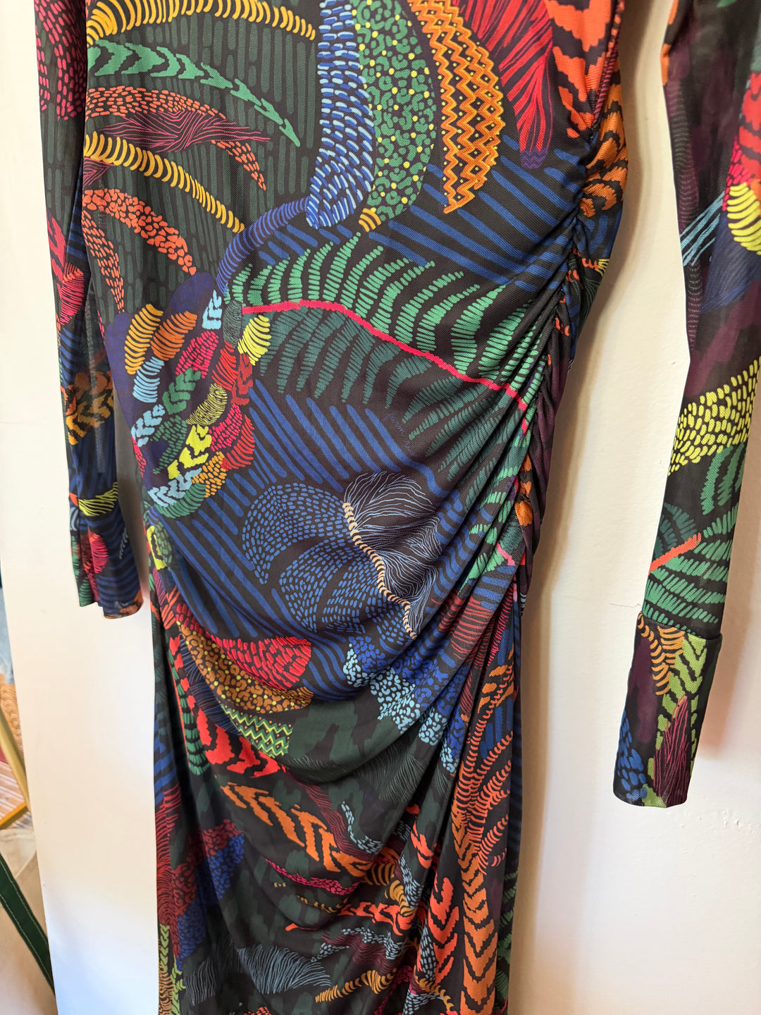 Farm Rio | Long-Sleeve Mock-Neck Mesh Slim Midi Dress