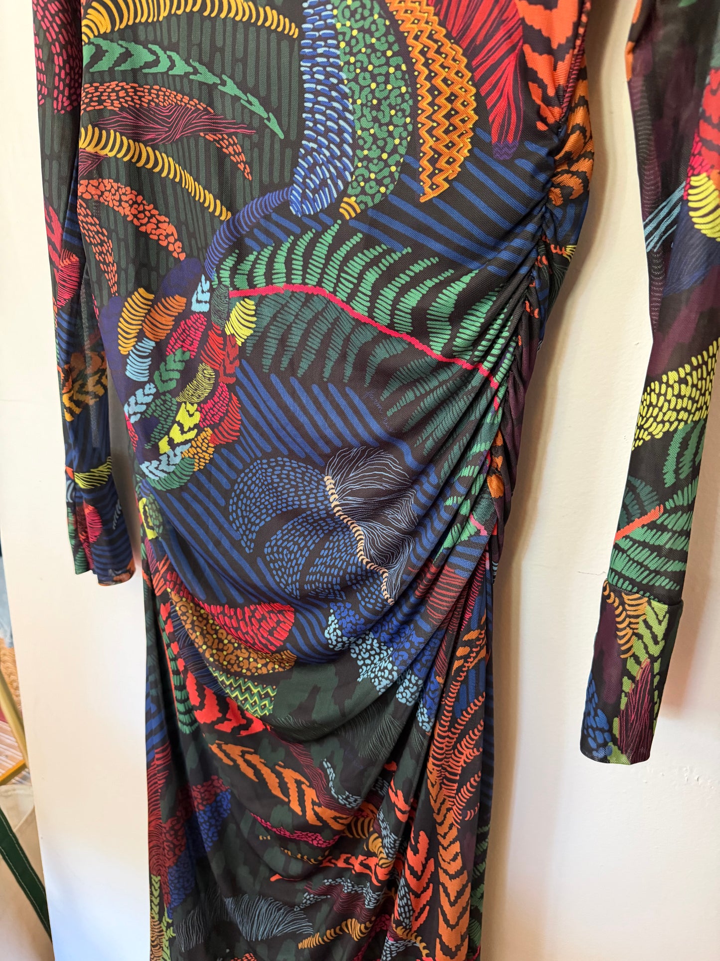 Farm Rio | Long-Sleeve Mock-Neck Mesh Slim Midi Dress