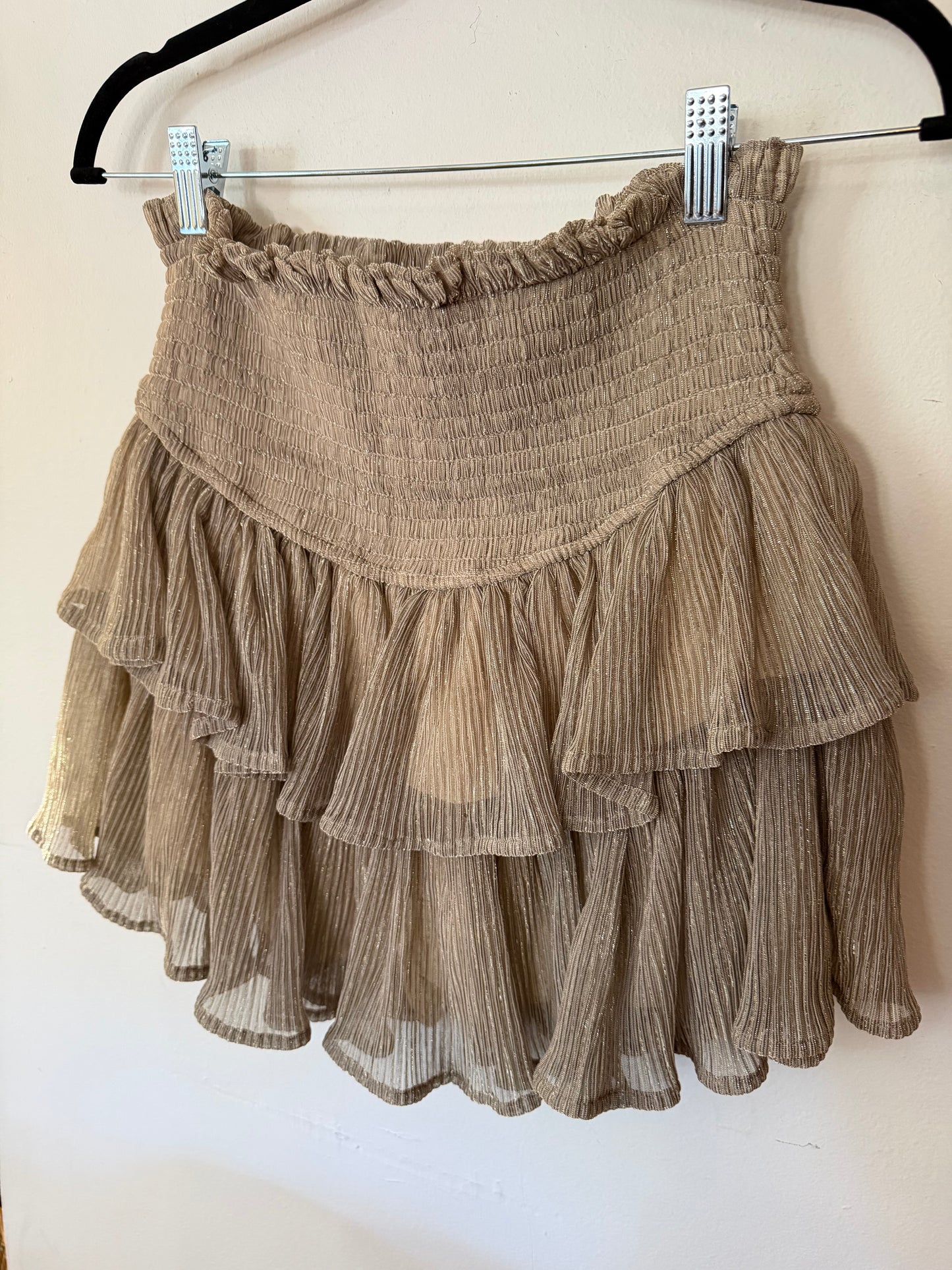 Miou Muse | Gold Shimmer Ruffle Skirt, M