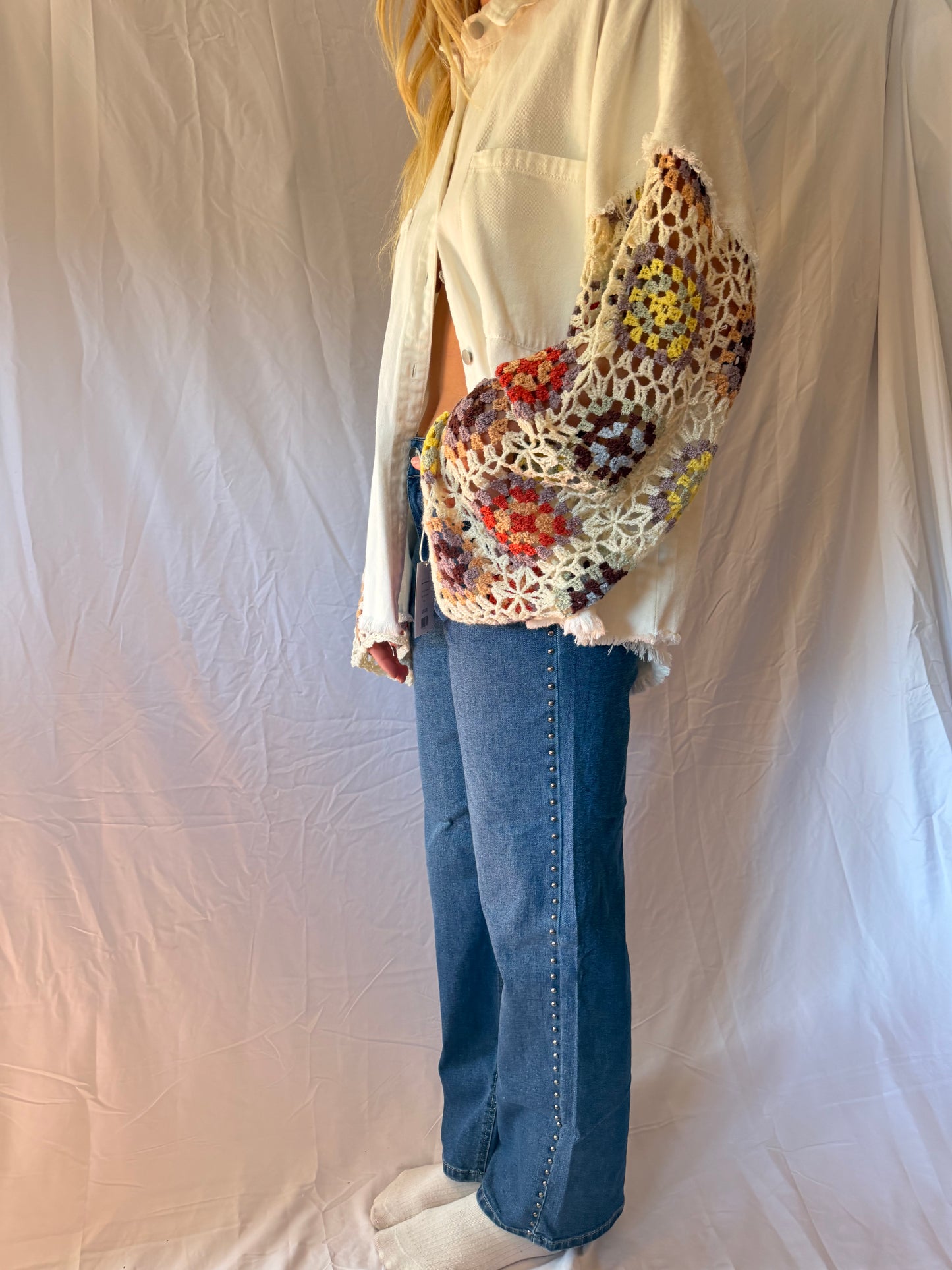 POL | Crochet Sleeve Button Up Jacket, M