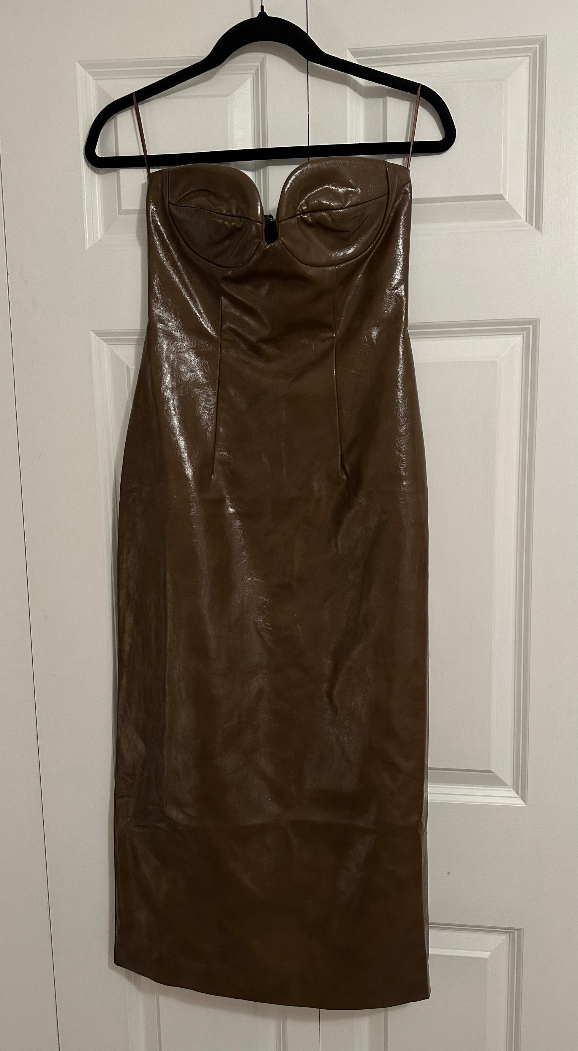 mare mare faux-leather strapless slim midi dress Mare Mare Faux Leather Strapless Slim Midi Dress