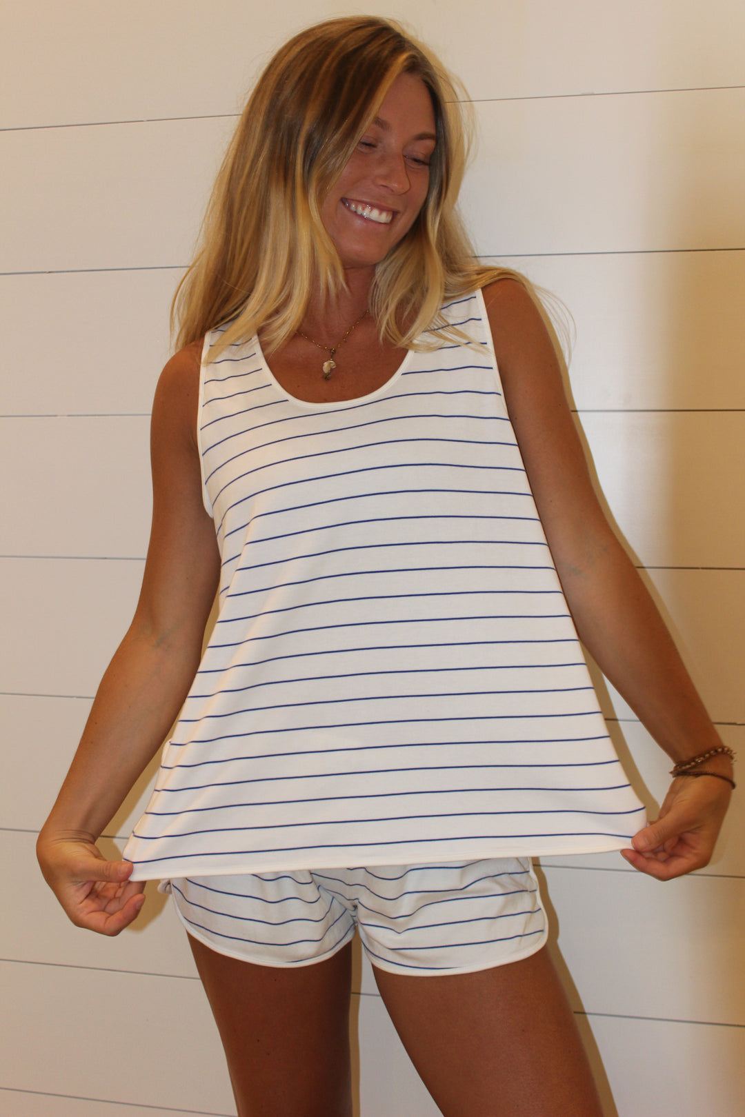 LAKE  | Sleeveless Striped Pajama Shorts Set, L