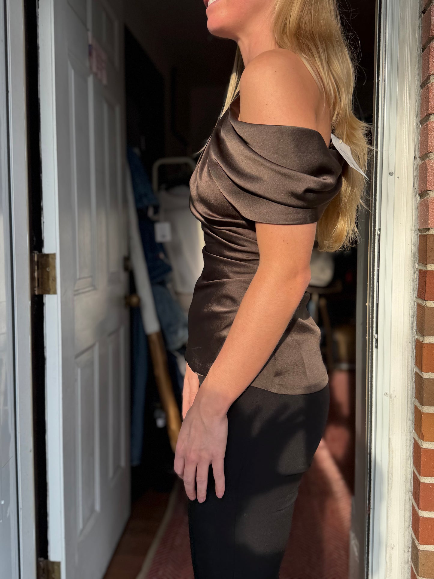 SIMKHAI | Brown Draped Satin Top, 0