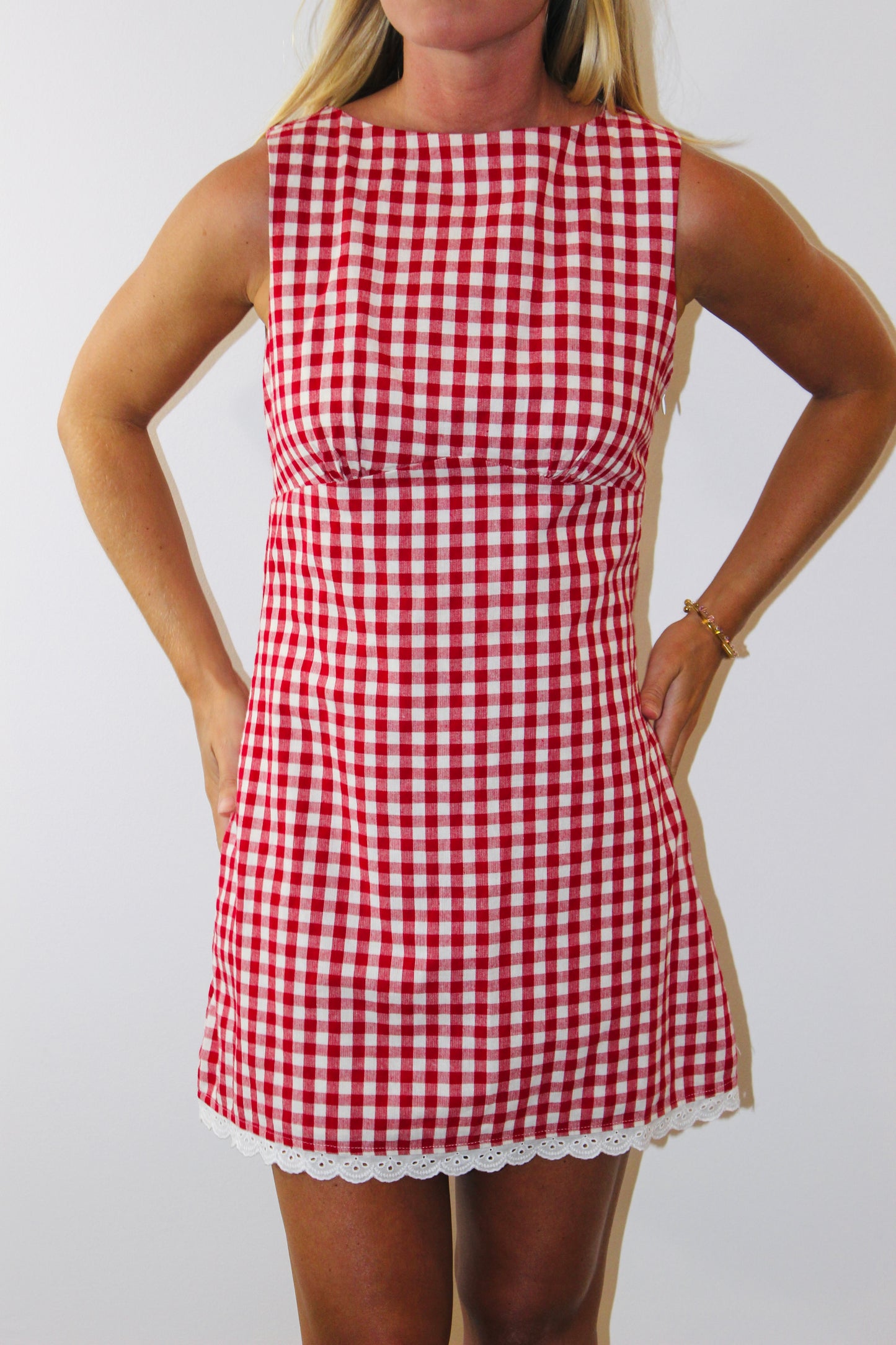 Here Comes The Sun | Gingham Lace Trim Dress, M