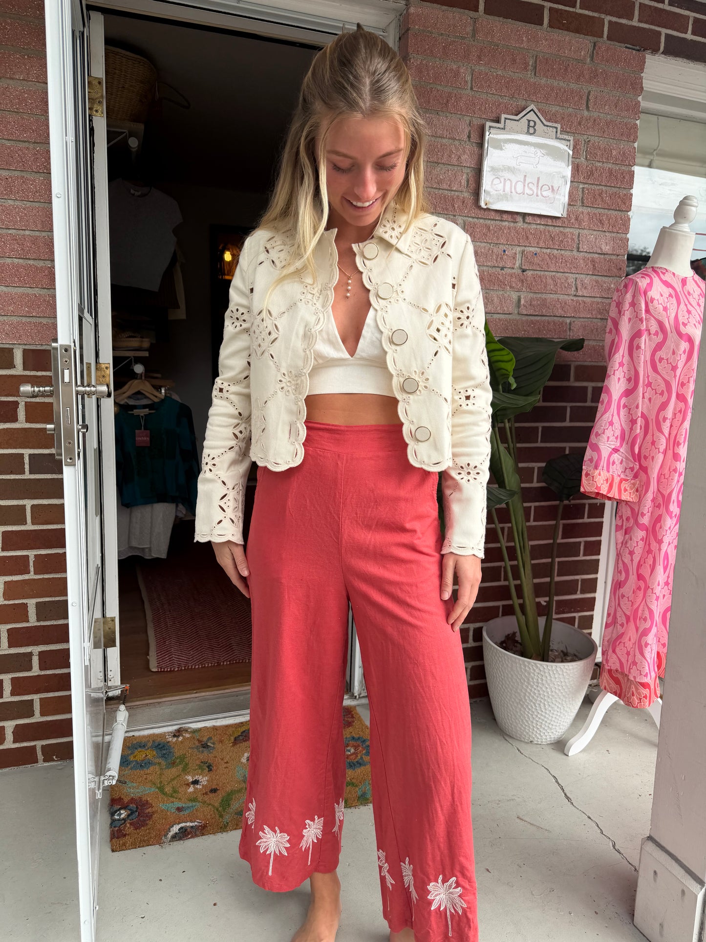 Citrine | Palm Tree Embroidered Pants, S