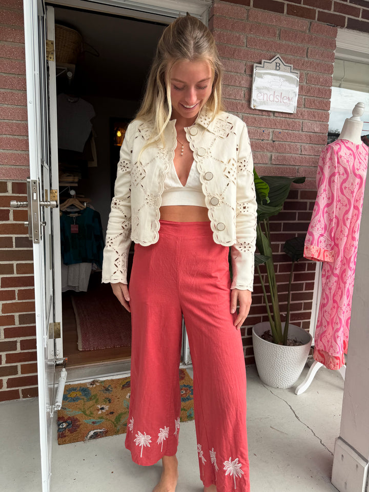Citrine | Palm Tree Embroidered Pants, S