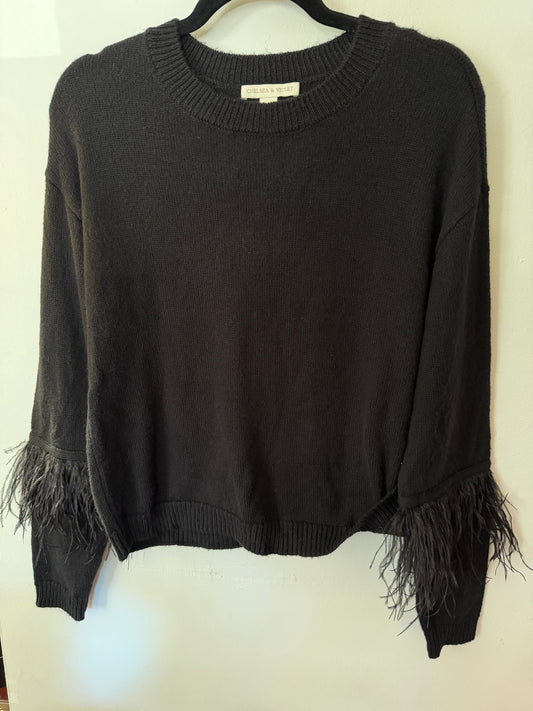 Chelsea & Violet | Black Feather Sleeve Sweater, S