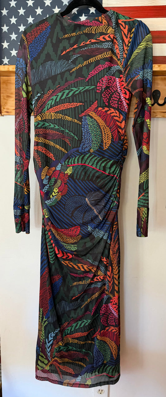 Farm Rio | Long-Sleeve Mock-Neck Mesh Slim Midi Dress