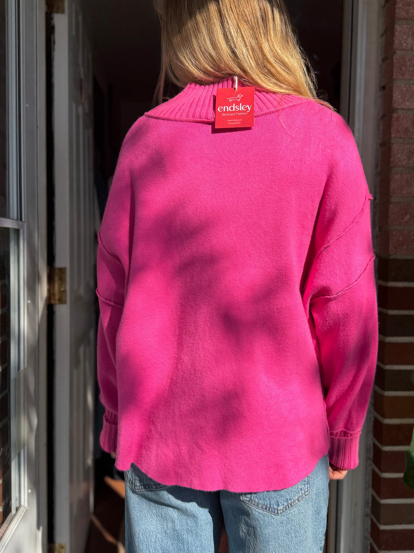Maeve | Pink High Neck Sweater with Embroidered Heart, M