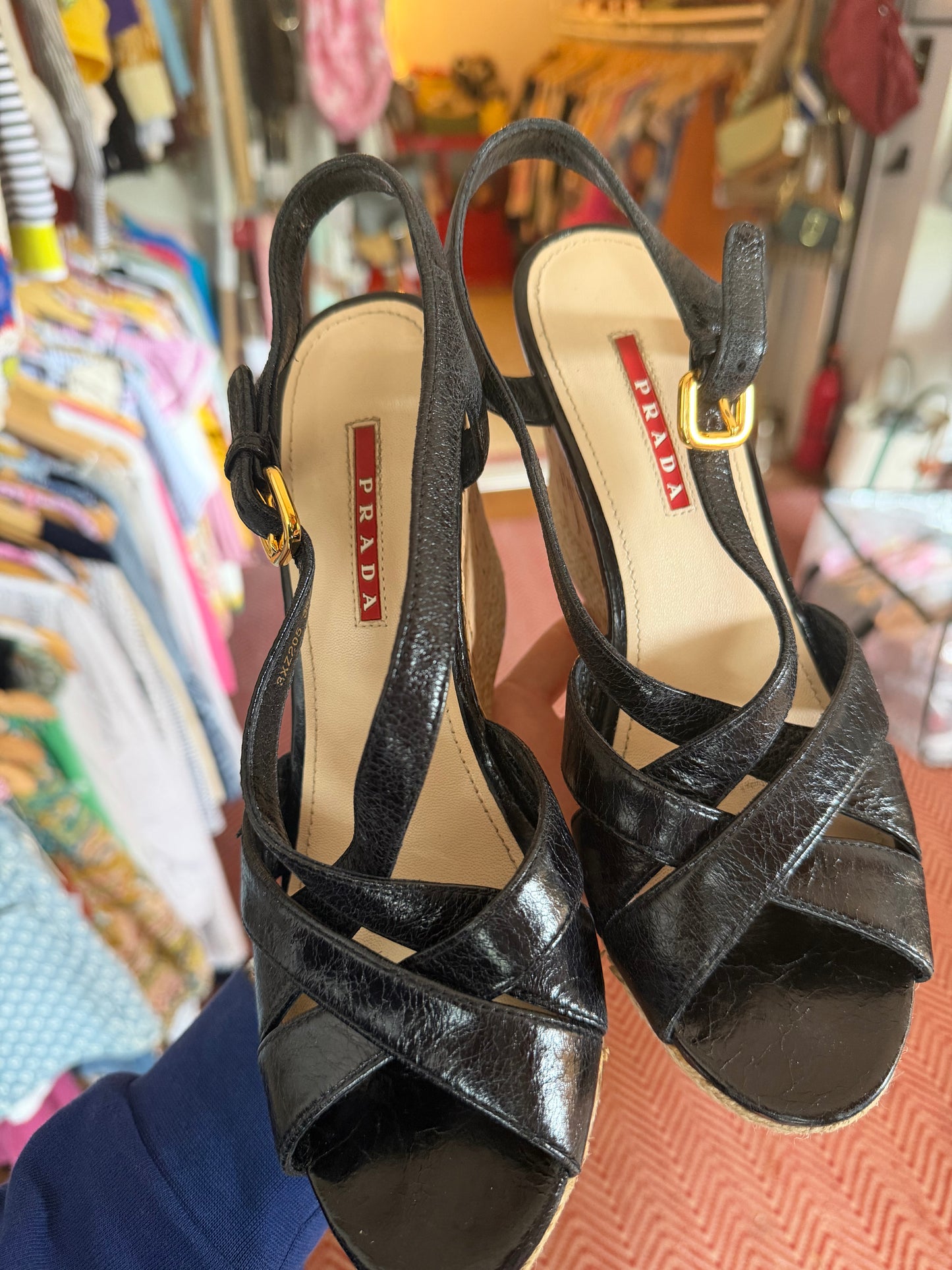 Prada | Patent Leather Cork Wedge, 7.5