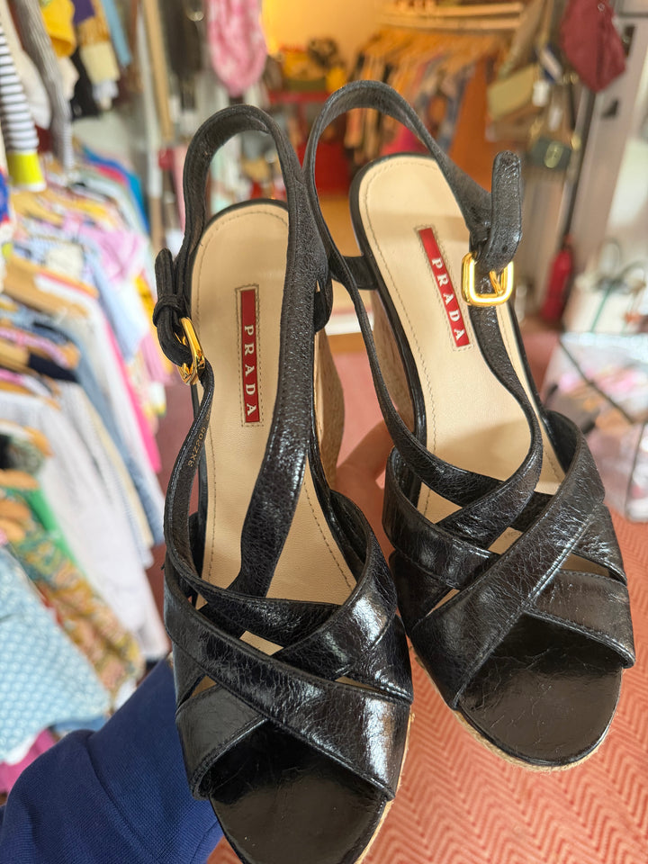 Prada | Patent Leather Cork Wedge, 7.5