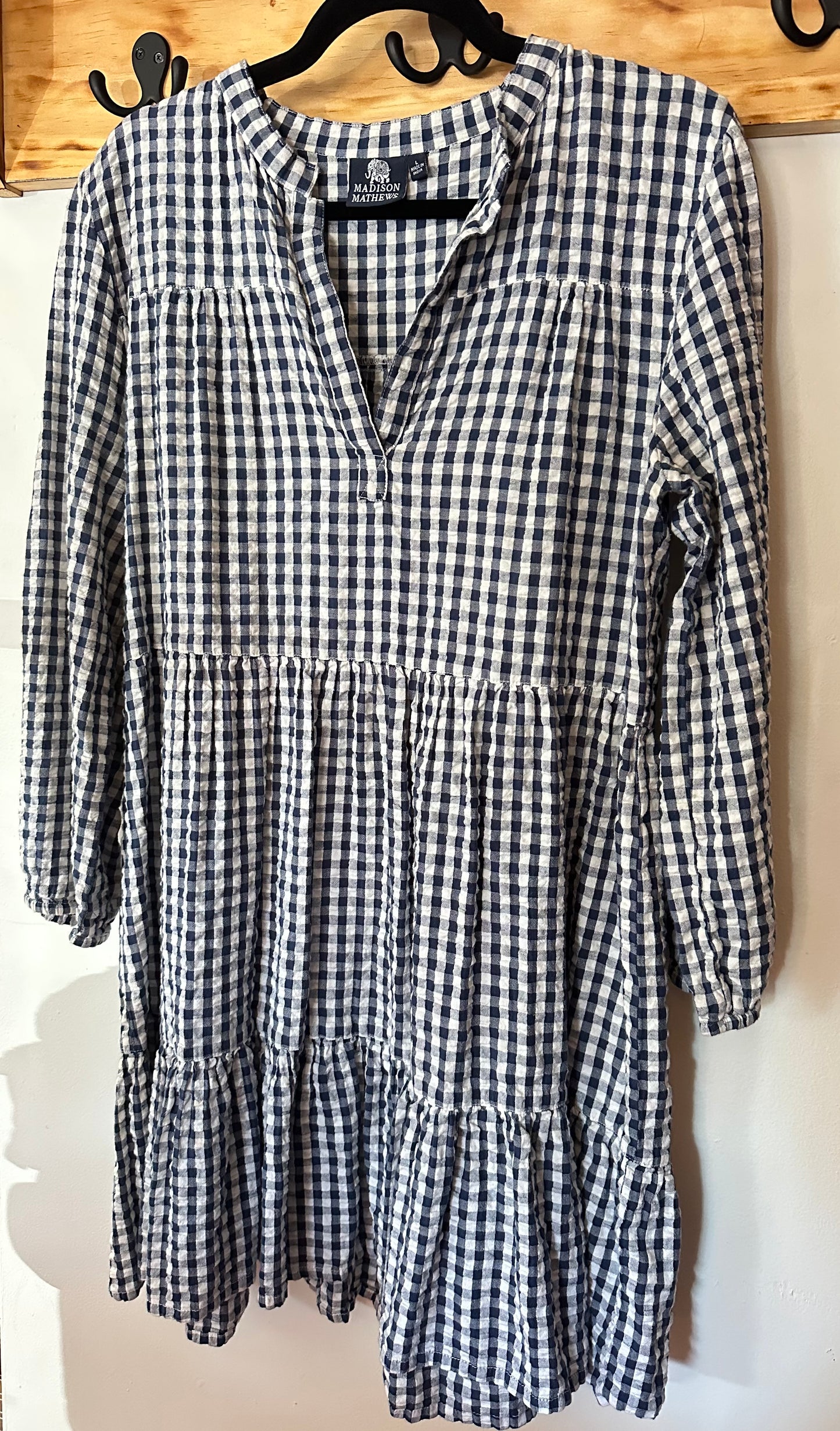 Madison Mathews ~ Navy Gingham Long Sleeve Dress, L