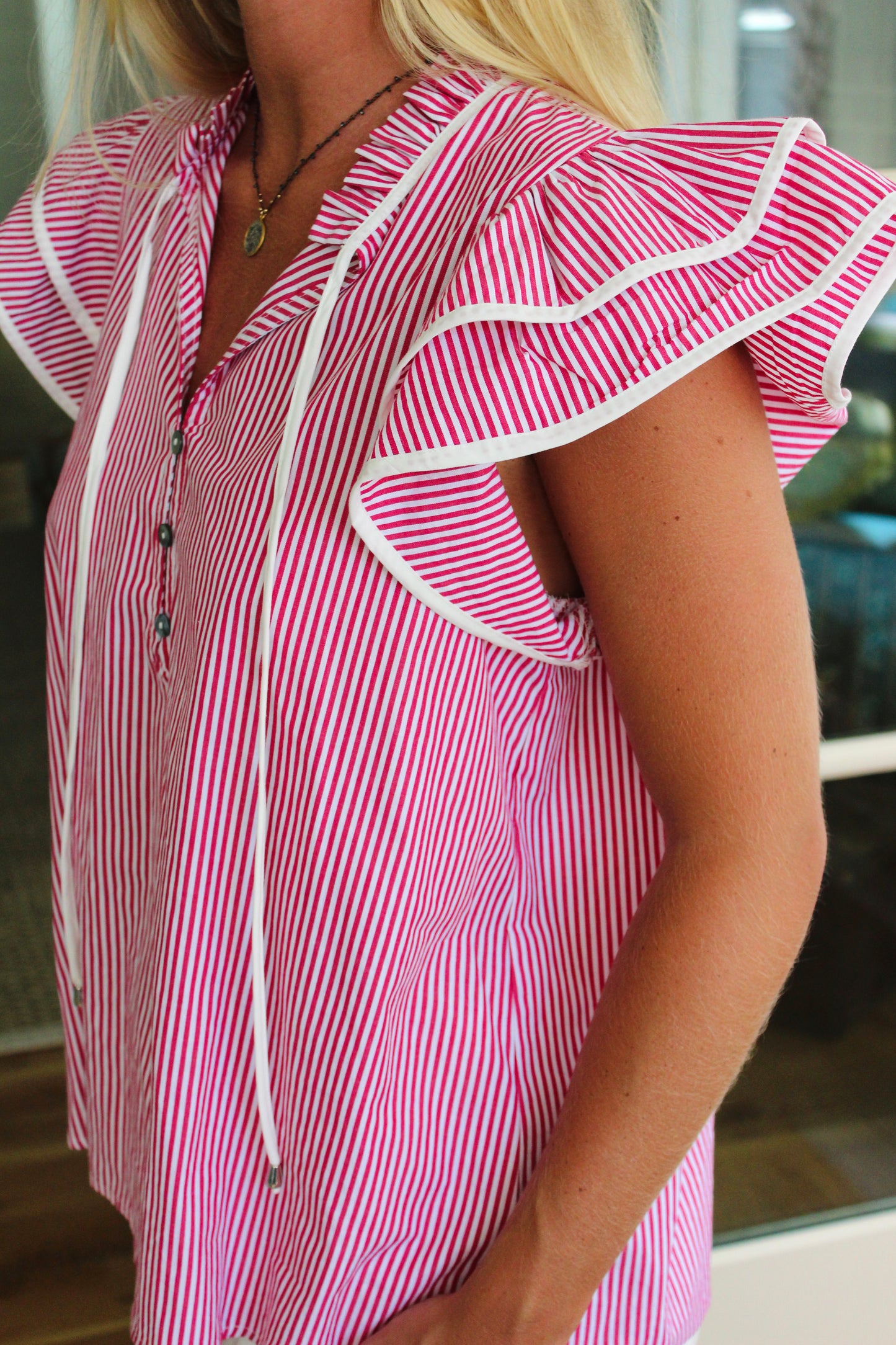 Entro | Red Striped Tie Blouse, M