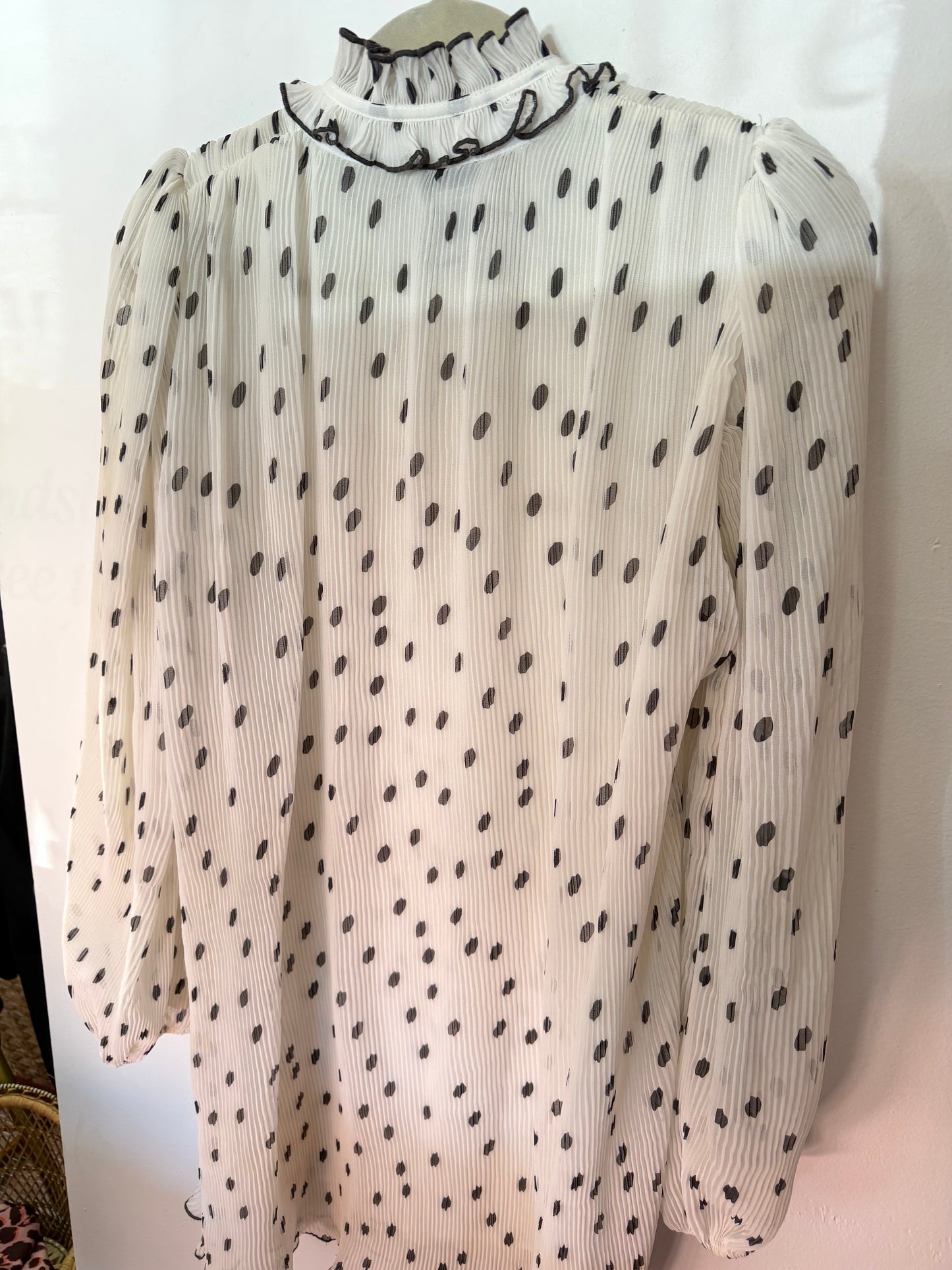 Ganni | White Chiffon Pleated Polka Dot White Dress - Ruffle Neck Detail, M