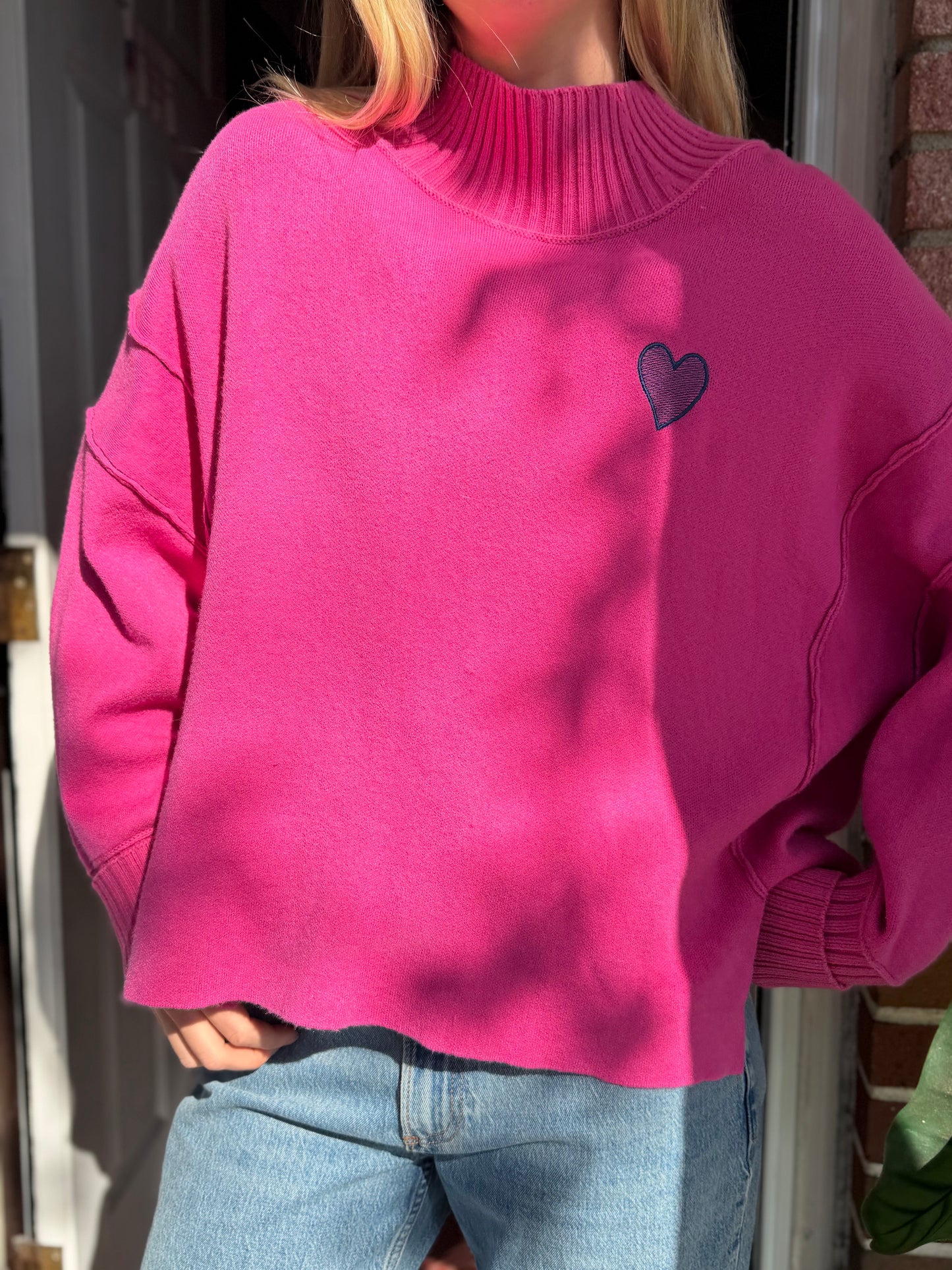 Maeve | Pink High Neck Sweater with Embroidered Heart, M
