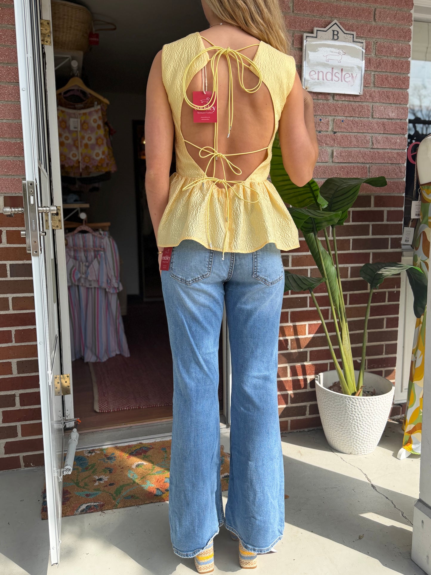 Rachel Gilbert | Yellow Open Back Peplum Top, S