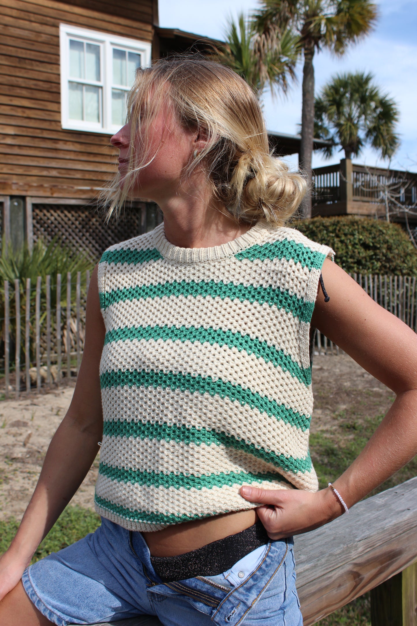 La miel | Striped Short Sleeve Knit Sweater, M